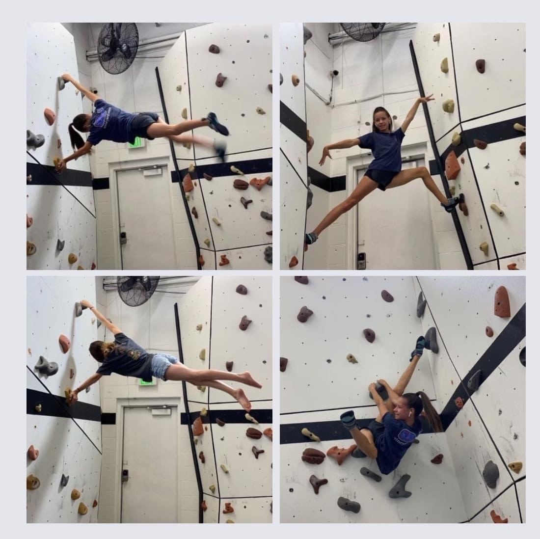 Four photos of young girl climbing indoor cave at AFAC gym