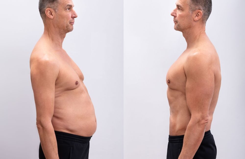 Two profile pictures of same man with his shirt off. Left picture shows man before belly fat loss, right picture shows man after belly fat loss.