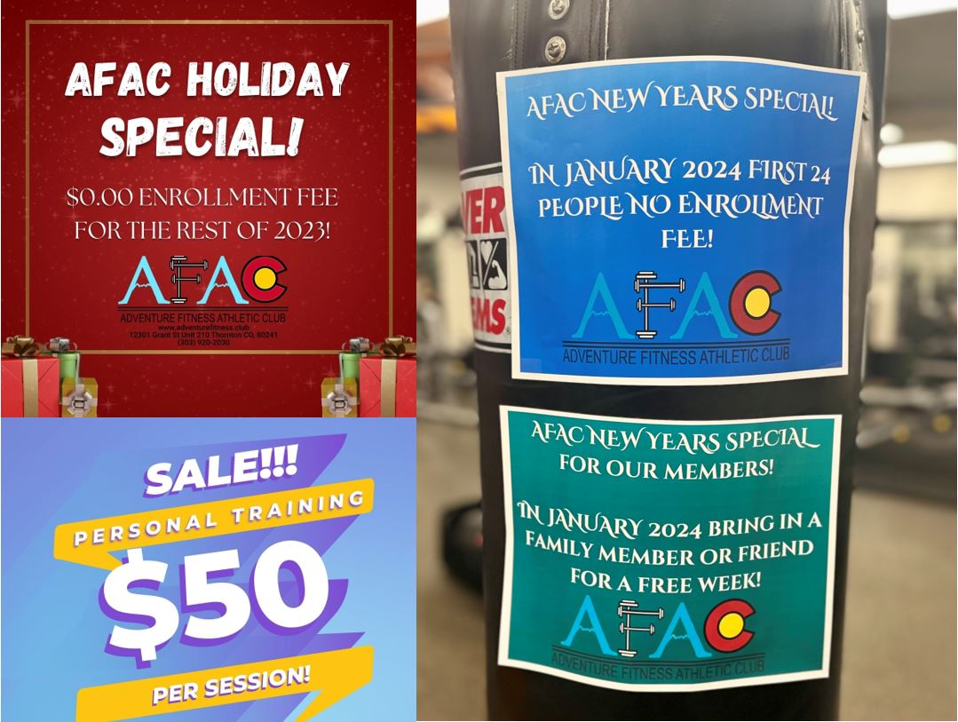 4 signs advertising the specials available at AFAC gym