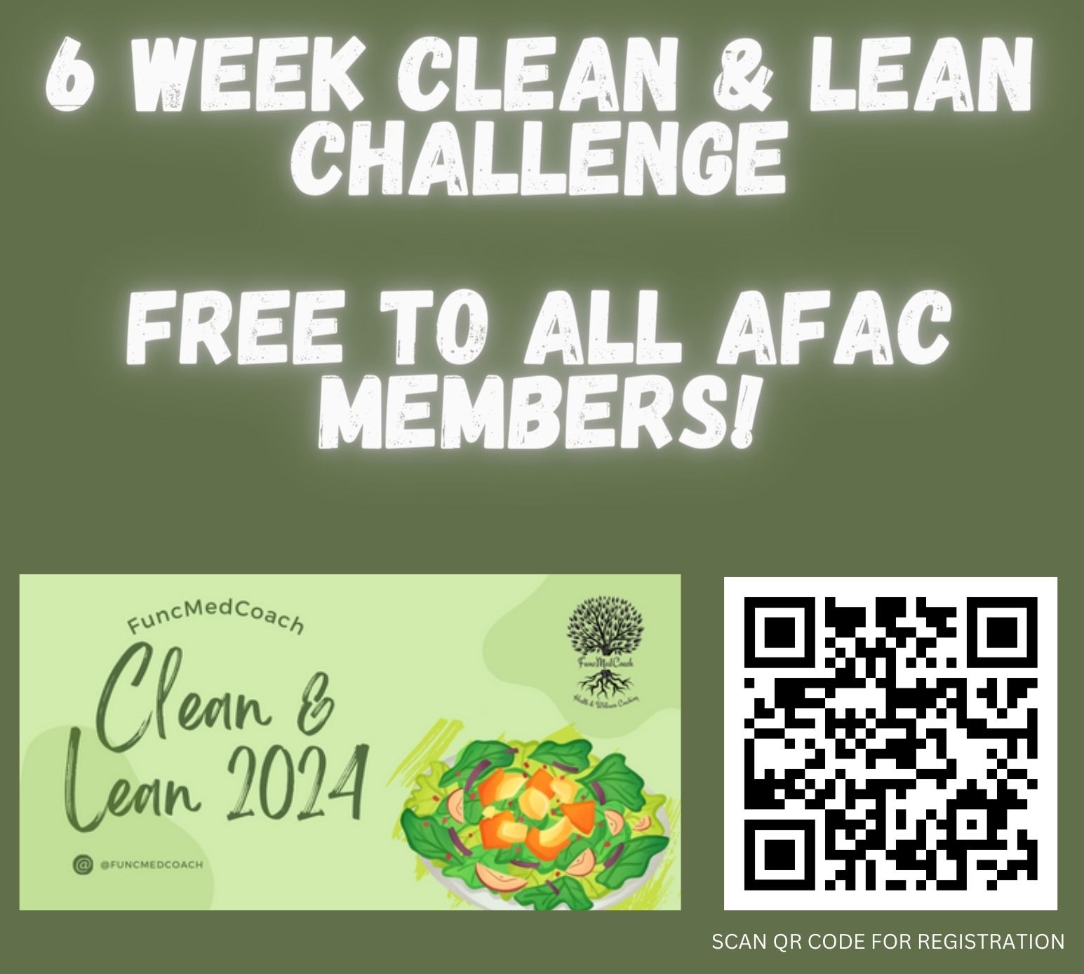Green block graphic that says 6-Week Clean & Lean Challenge - Free to all AFAC Members!