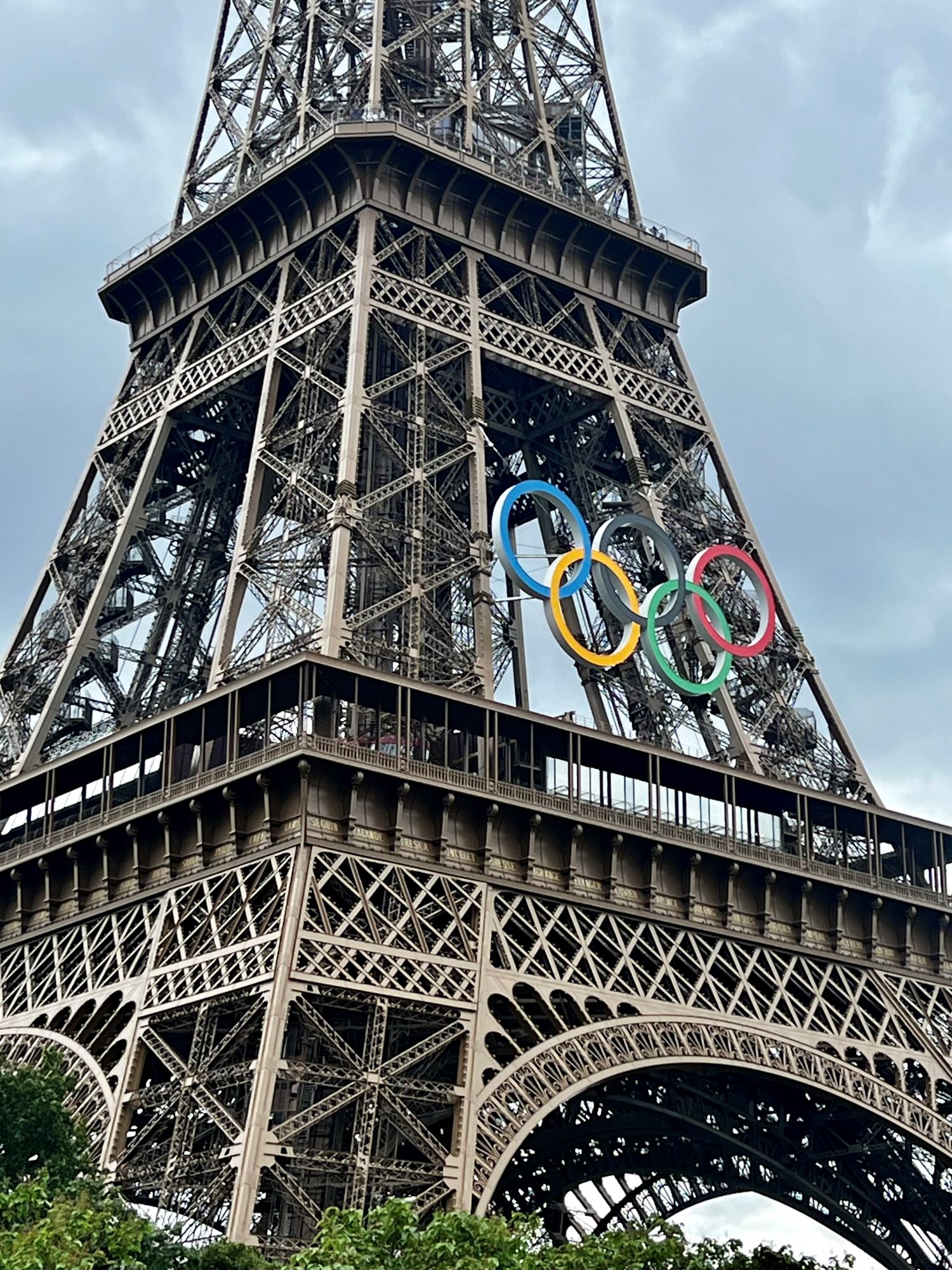 Eiffel Tower in Paris, France, decorated with the 5 Olympic rings