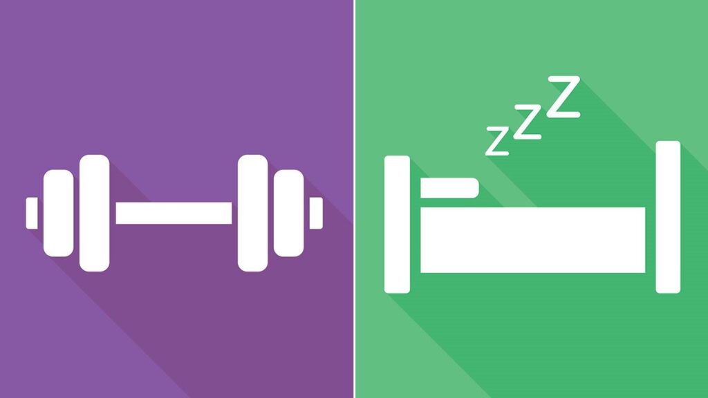 Simple graphic. White dumbbell on purple background on the left. White bed on green background on the right