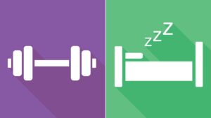 Simple graphic. White dumbbell on purple background on the left. White bed on green background on the right