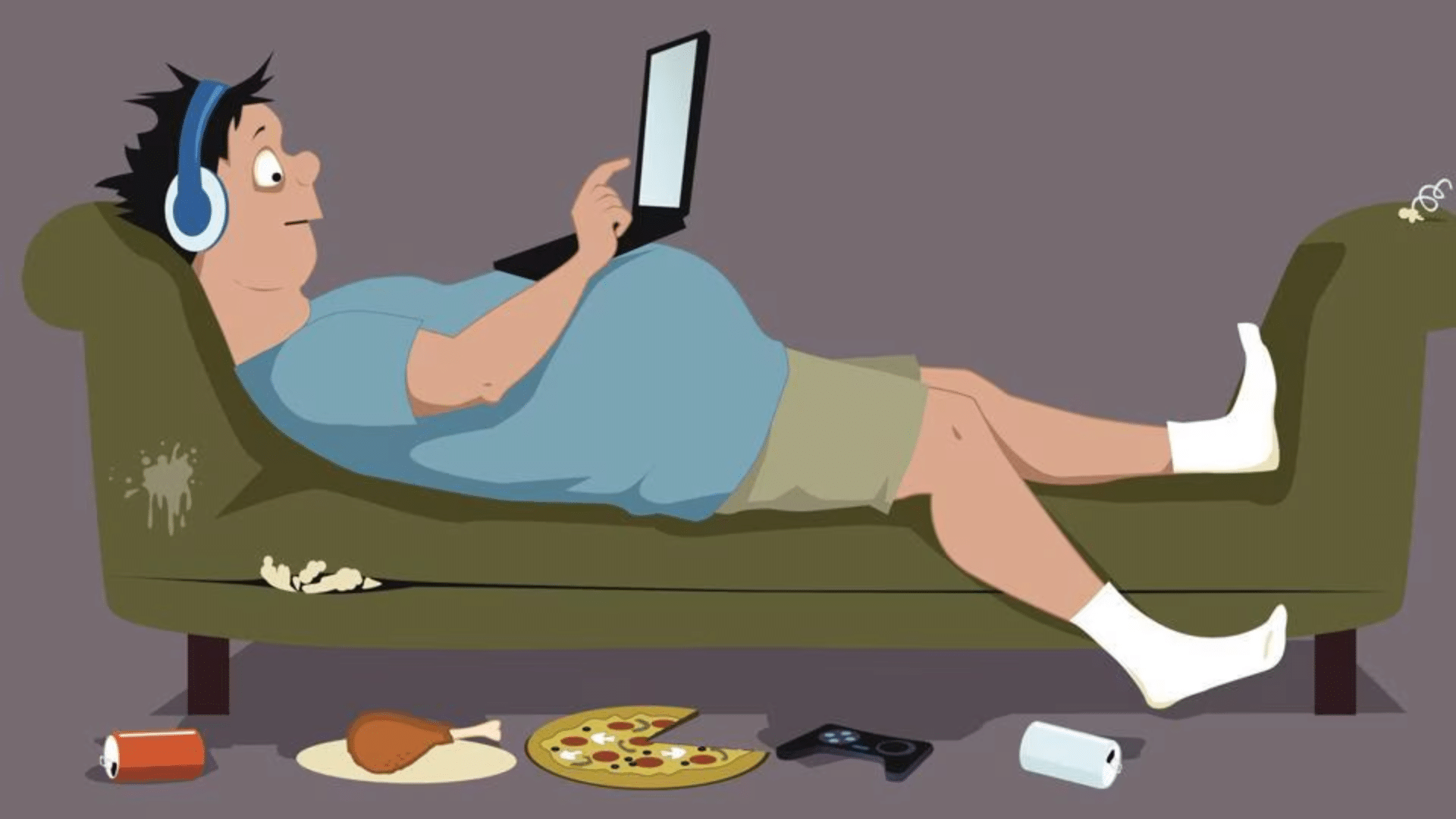 Cartoon image of man laying down on a couch with a laptop on his stomach. Soda, pizza, game controller, and chicken leg are on ground beneath him.