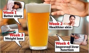 Glass of beer surrounded by graphics describing the weekly improvements seen after quitting alcohol. Week 1 better sleep, Weed 2 healthier skin, Week 3 weight loss, Week 4 improved liver function