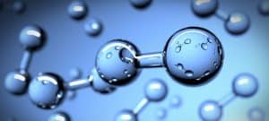 Graphic of molecules that look like dumbbells floating in a blue background