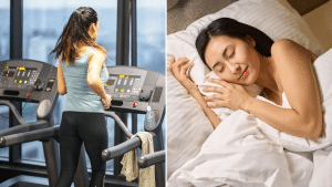 Two side-by-side pictures of a woman. In one picture, she's running on a treadmill. In the other picture, she's asleep in bed.