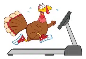 Cartoon image of a smiling turkey running on a treadmill
