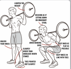 Graphic showing proper barbell back squat form